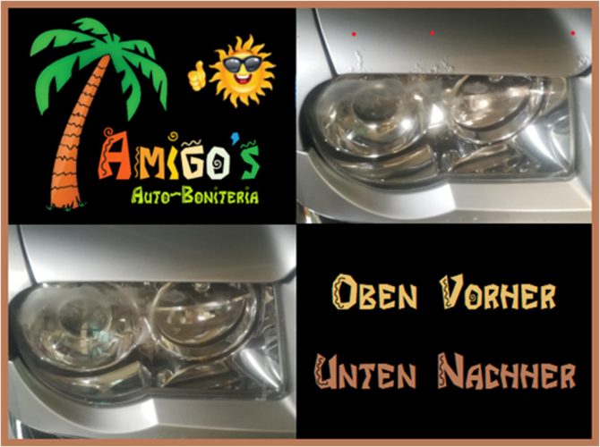 Spot-Repair an der Motorhaube bei einem Crysler über dem Scheinwerfer vorher nachher vergleich